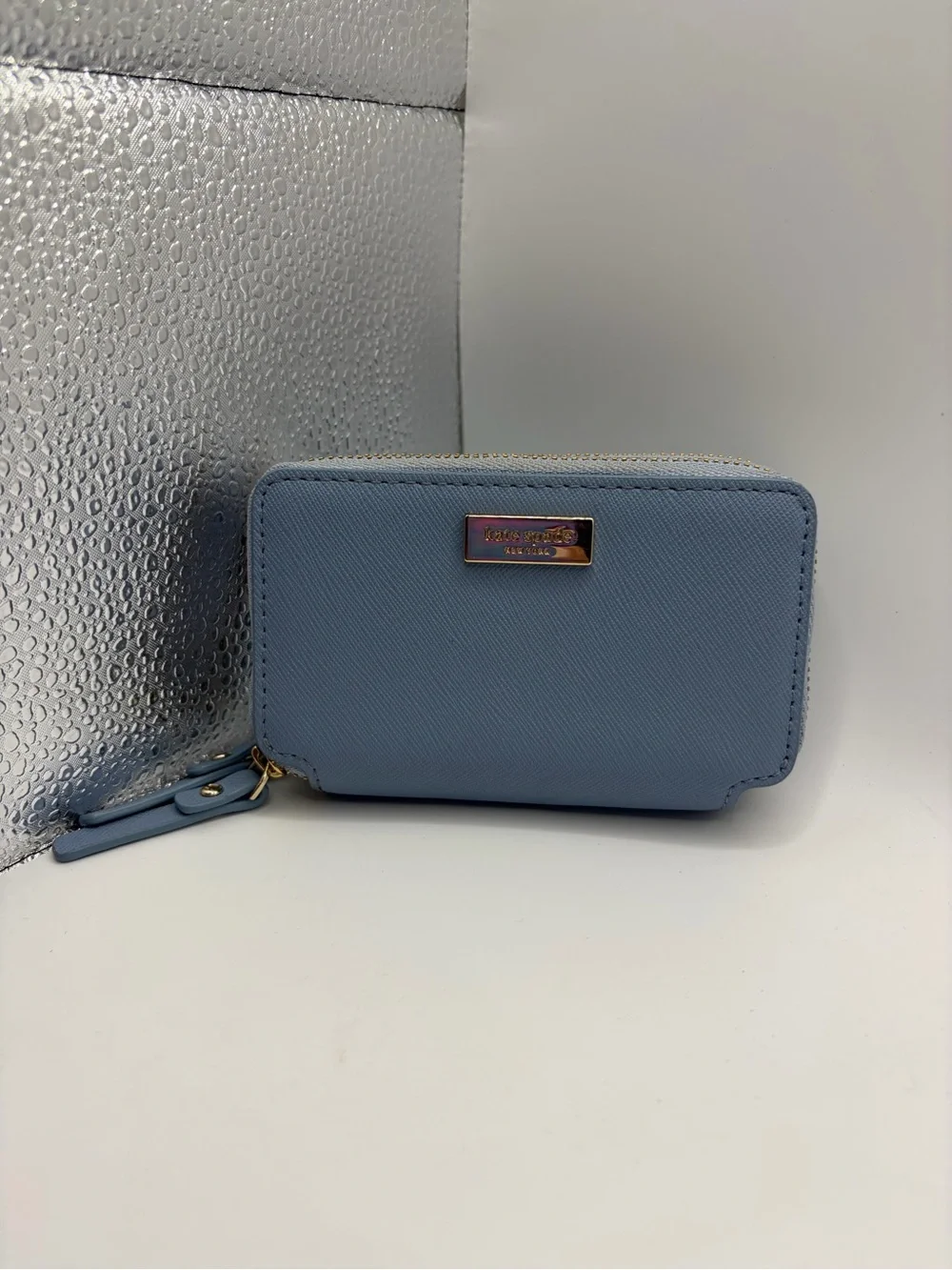 kate spade Powder Blue Zip Around Card Wallet with Gold Logo